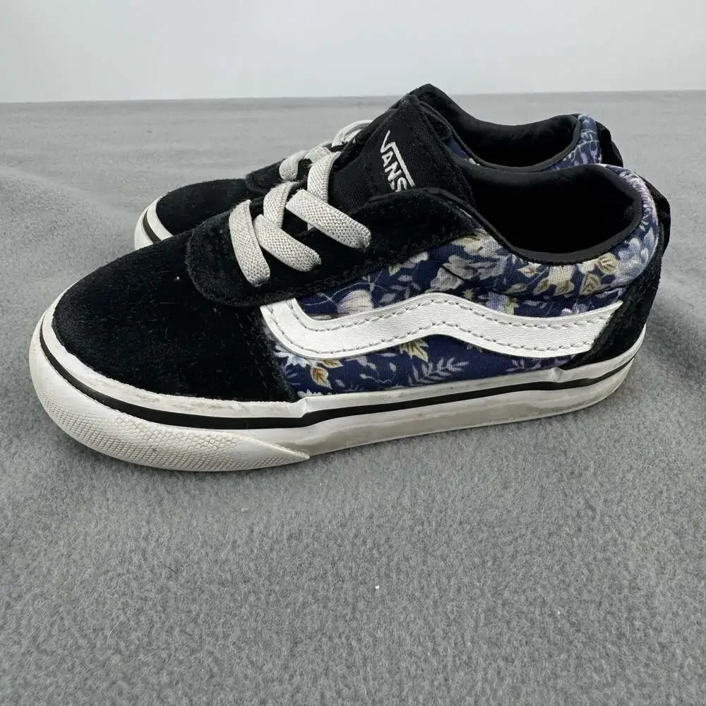 Vans Old Skool V Toddler Size 7 Shoes Black Blue Floral Suede Sneakers
